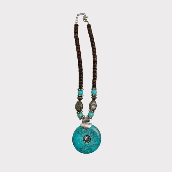 Turquoise and Silver Wood Bead Pendant Necklace - Picture 4 of 6